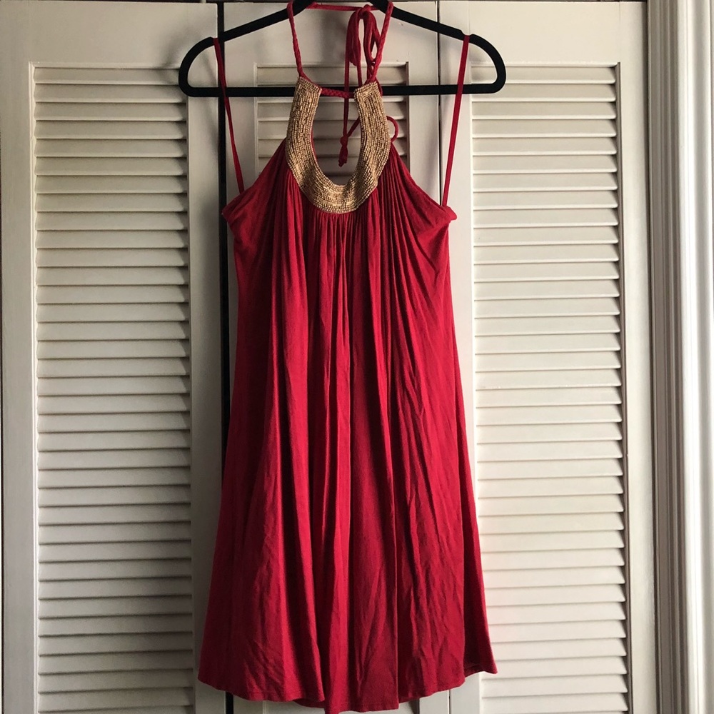 Open shoulder dress with beaded front